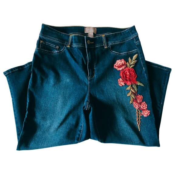 Chico's Women's Dark Blue & Floral Side Details Capri Jeans Junior Size 1 - Picture 8 of 8